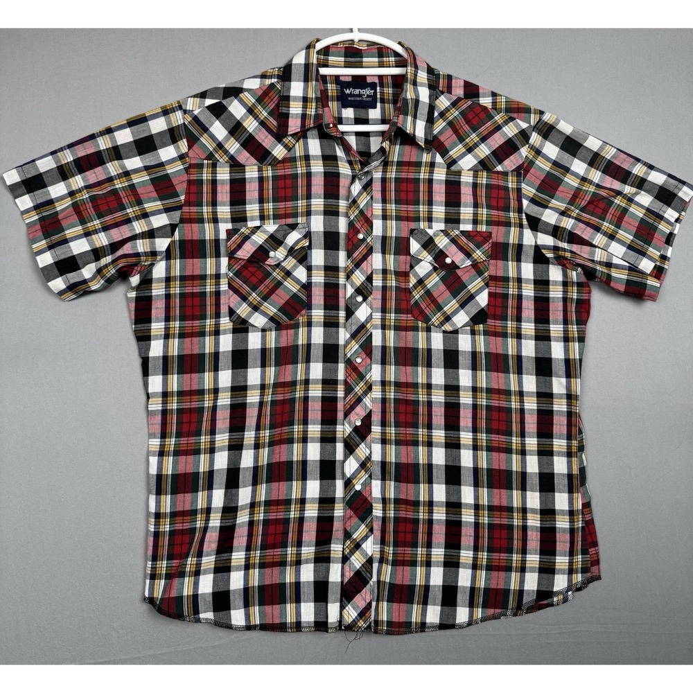 Vintage‎ Wrangler Pearl Snap Shirt Mens 2XL Plaid Check Black Red Cowboy Western